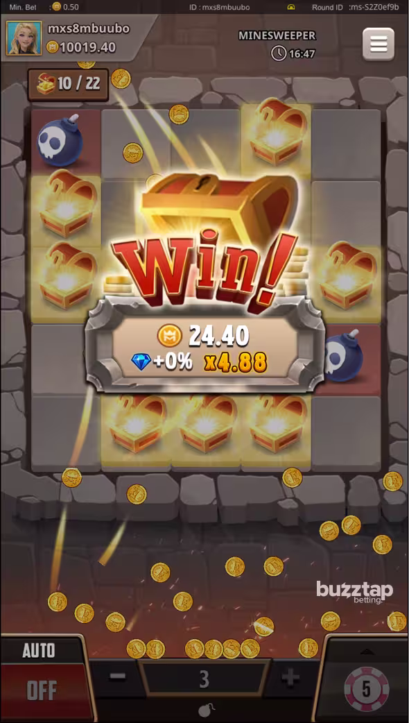 Minesweeper KingMidas mobile gameplay screenshot showing a winning round