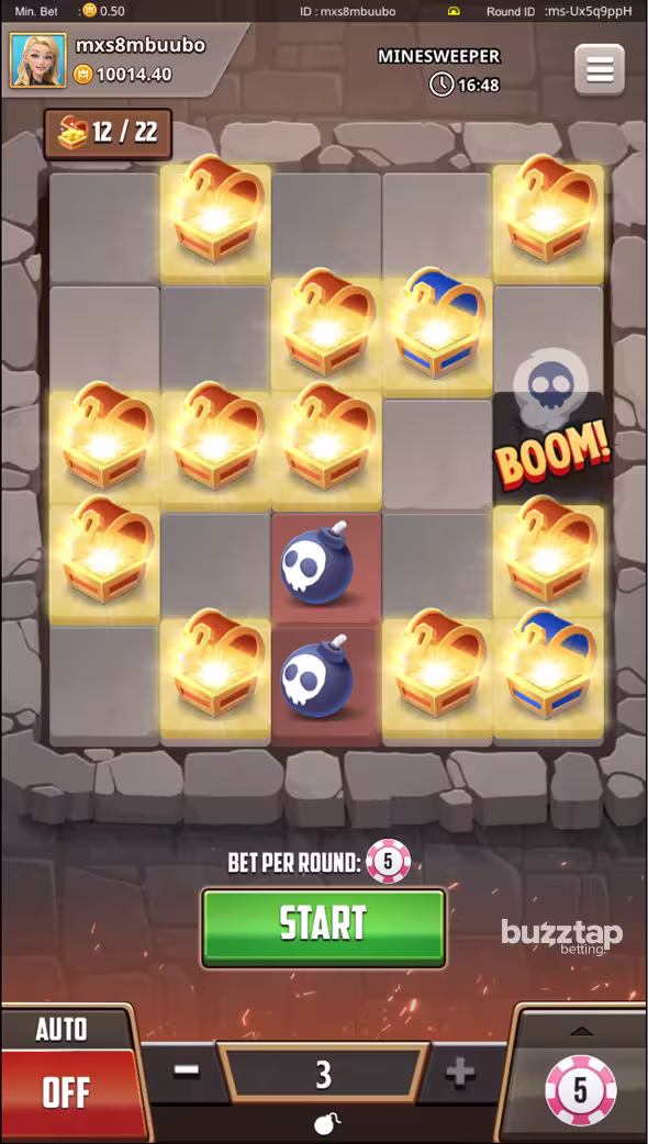 Minesweeper KingMidas mobile gameplay screenshot showing a losing round