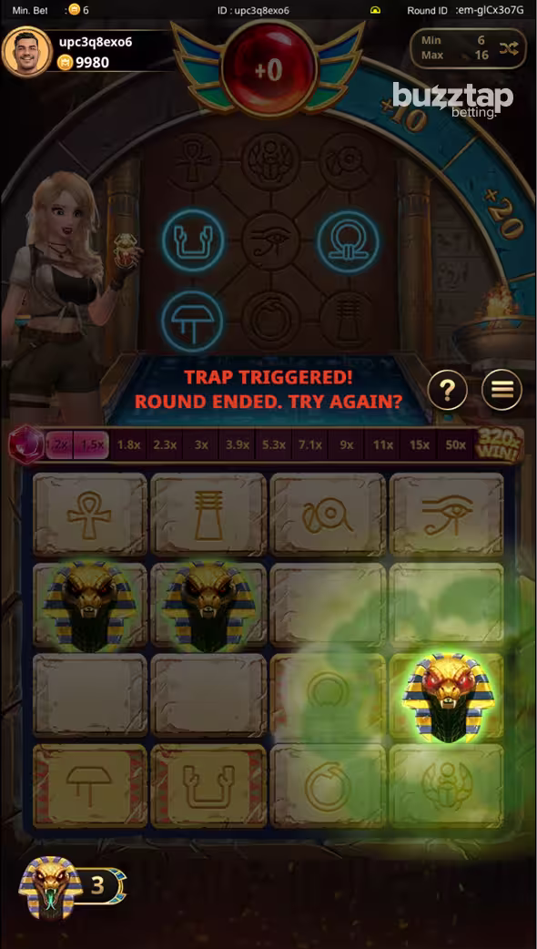 Egyptian Mines mobile gameplay screenshot showing a losing round revealing a trap