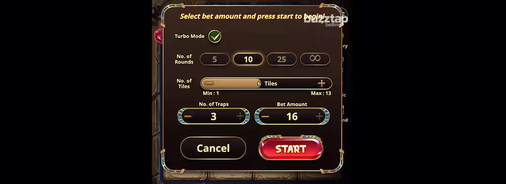 An in-game screenshot of the auto play settings in Egyptian Mines game