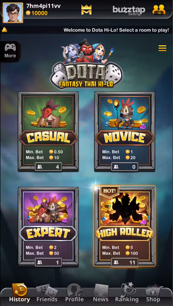 Dota Hi-Lo mobile gameplay screenshot choosing the playing room