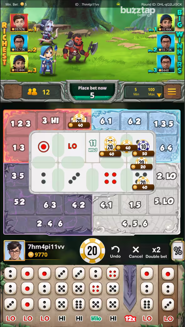 Dota Hi-Lo mobile gameplay screenshot during betting phase