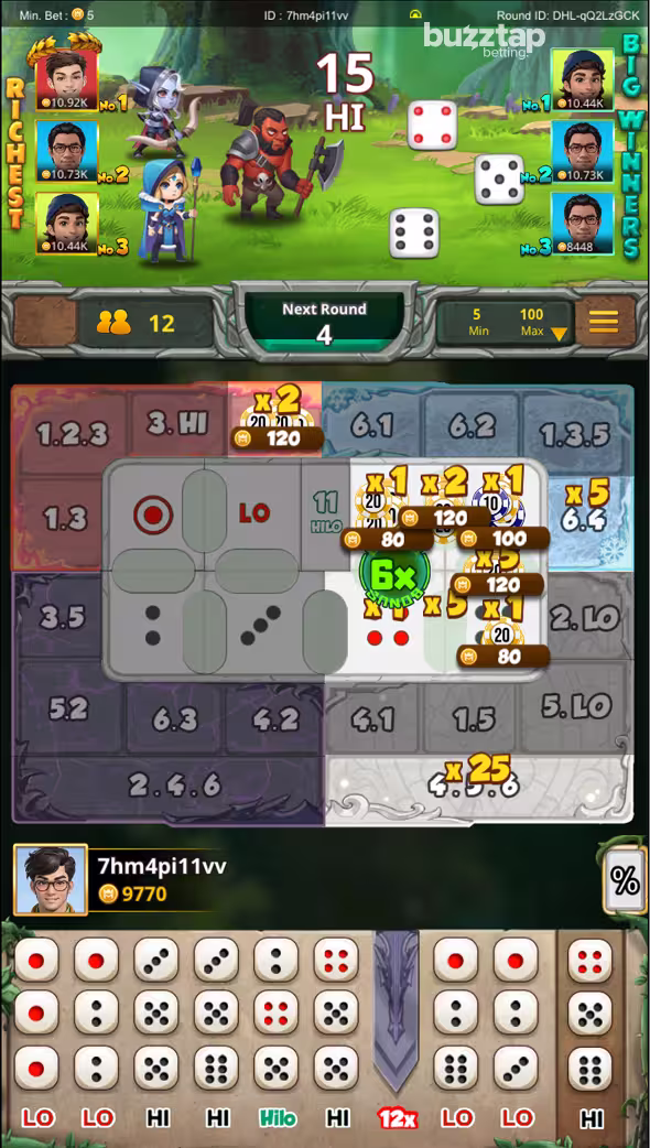 Dota Hi-Lo mobile gameplay screenshot showing winning round