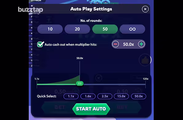 A screenshot of the auto play settings menu in Elite Aviator Club