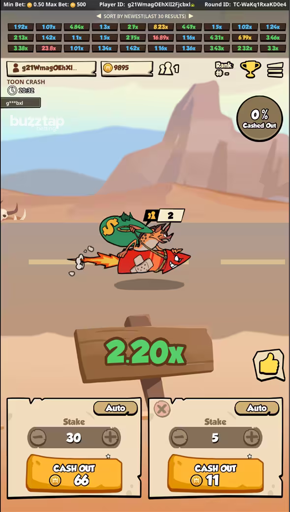 Toon Crash mobile gameplay screenshot mid round with rising multiplier