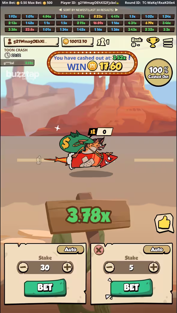 Toon Crash mobile gameplay screenshot collecting winnings before the crash