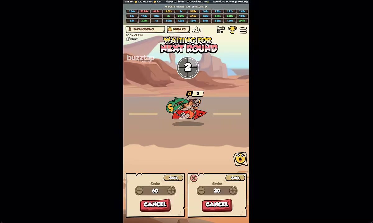 A screenshot of Toon Crash game waiting for the round to start with 2 bets placed