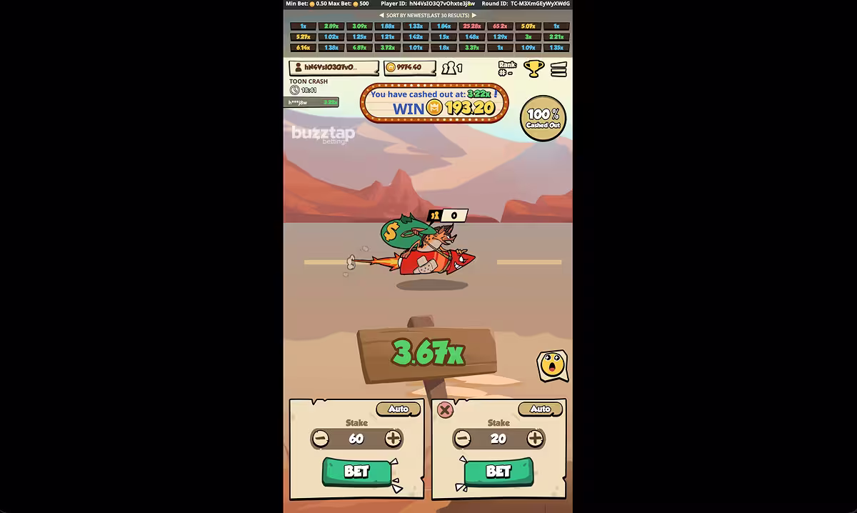 A screenshot of Toon Crash game with a winning round cashed out at 3.22x