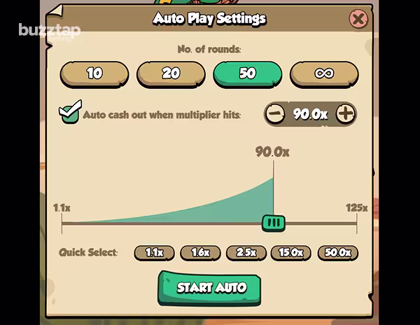 A screenshot of the auto play settings in Toon Crash game by KingMidas