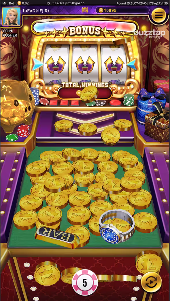 A gameplay screenshot of Coin Pusher on mobile with active bonus feature