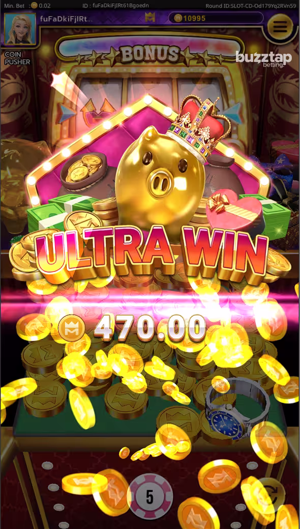 A gameplay screenshot of Coin Pusher featuring a massive win