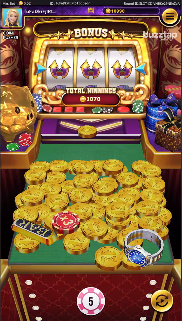 A gameplay screenshot of Coin Pusher on mobile dropping coins onto the ramp
