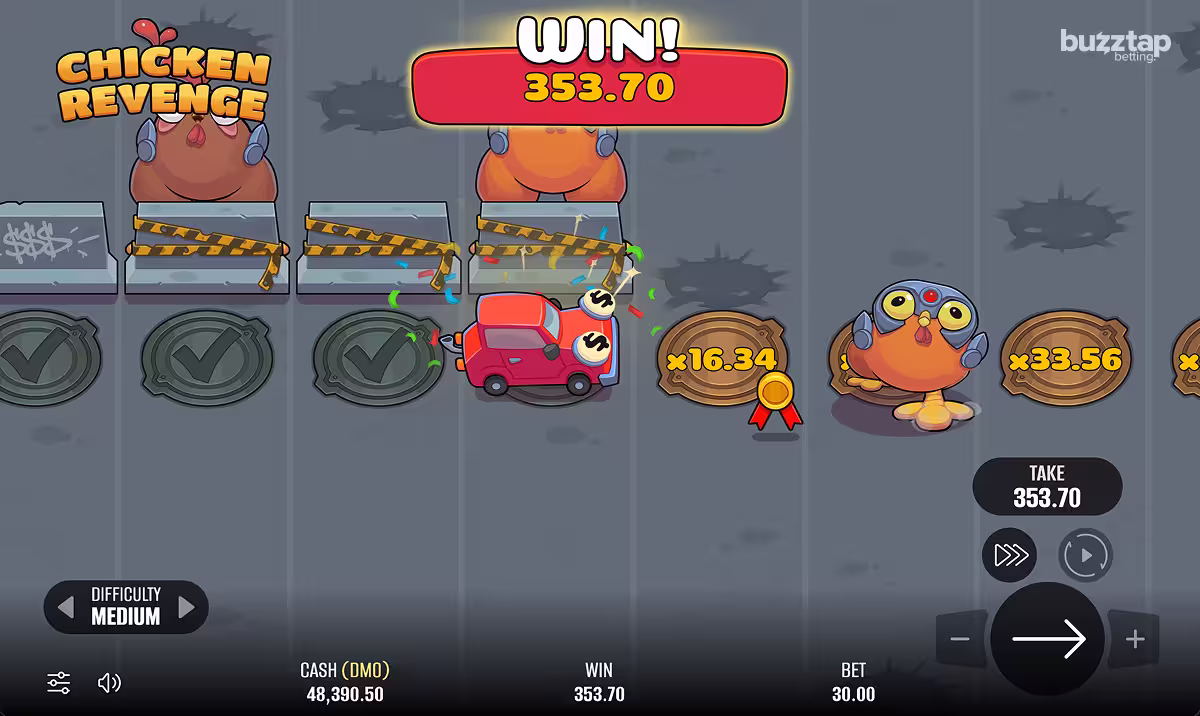 A Chicken Revenge gameplay screenshot showing a winning bet cashed out