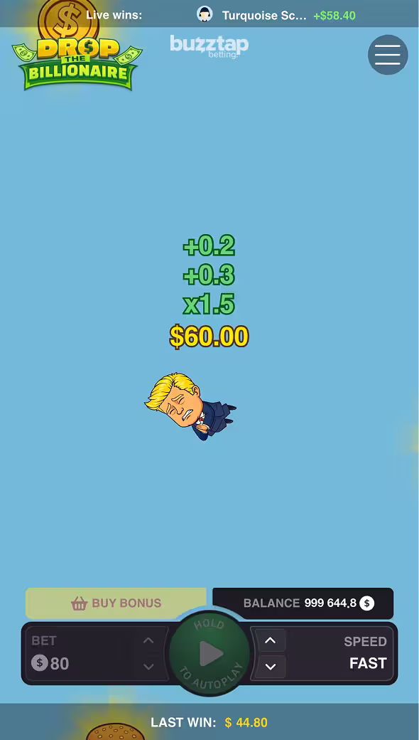 Drop The Billionaire gameplay screenshot featuring a base game bet