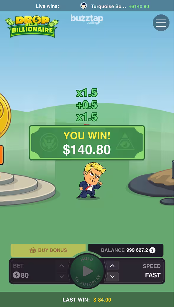 Drop The Billionaire gameplay screenshot featuring a winning round