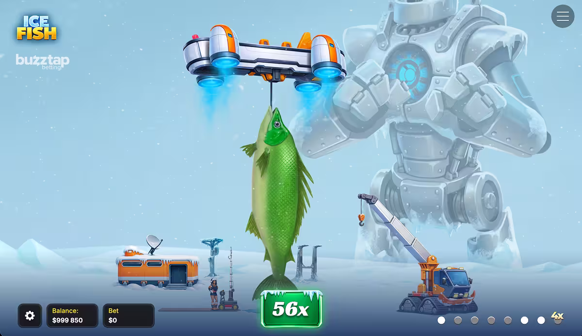 A gameplay screenshot of the bonus round in Ice Fish by InOut games, featuring a massive win