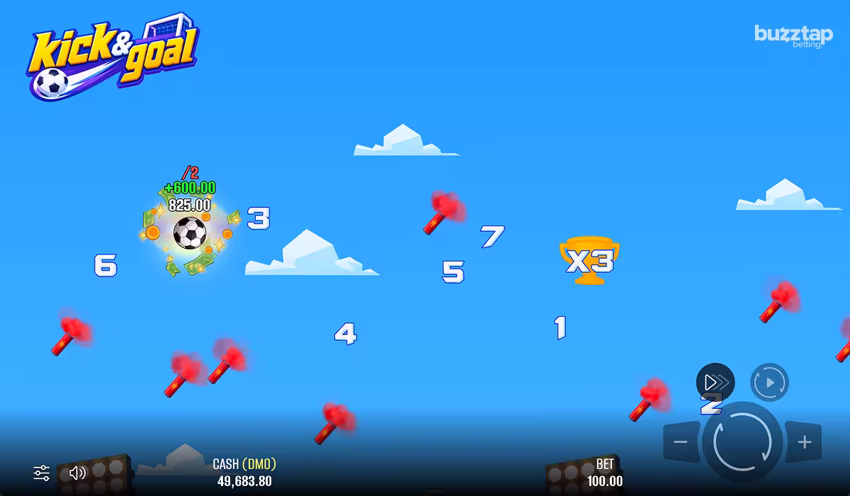 A gameplay screenshot of Kick & Goal, showing the soccer ball flying through the air collecting multipliers