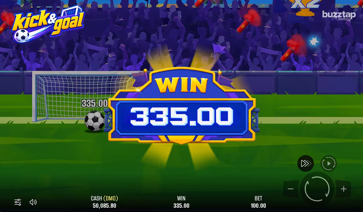 A gameplay screenshot of Kick & Goal with a winning bet, soccer ball landed in the goals