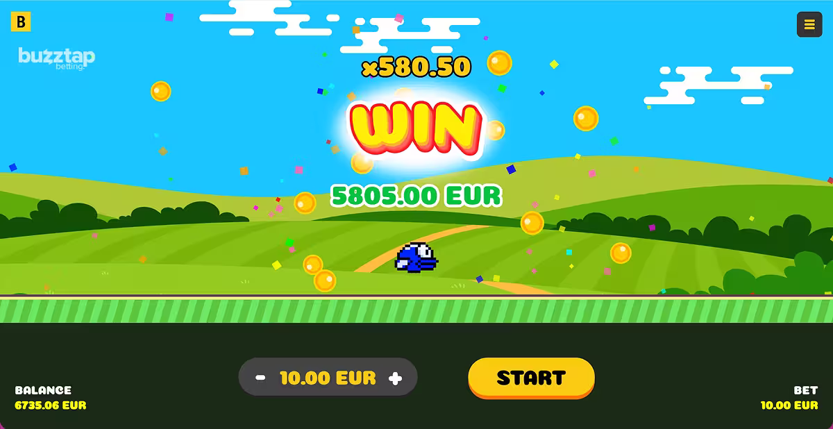 A gameplay screenshot of Lucky Birds by BGaming showing the big win pop up celebration message