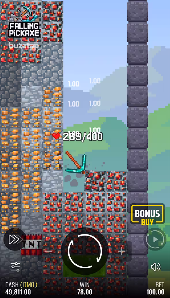 Falling Pickaxe mobile gameplay screenshot featuring a diamond pickaxe