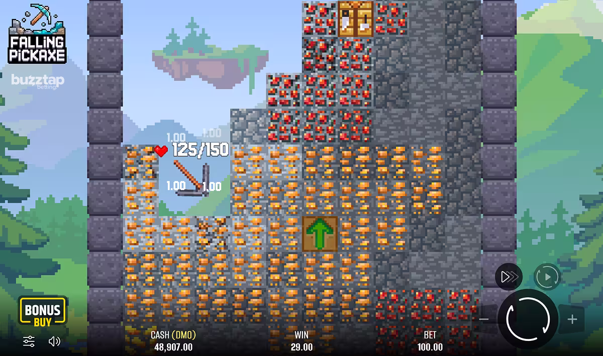 A screenshot of Falling Pickaxe game with stone pickaxe mid round collecting multipliers