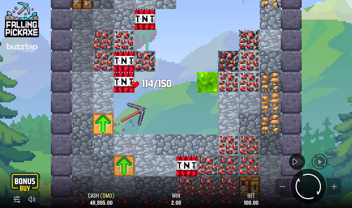 A screenshot of Falling Pickaxe game where TNT and Upgrade Arrow blocks are visibles