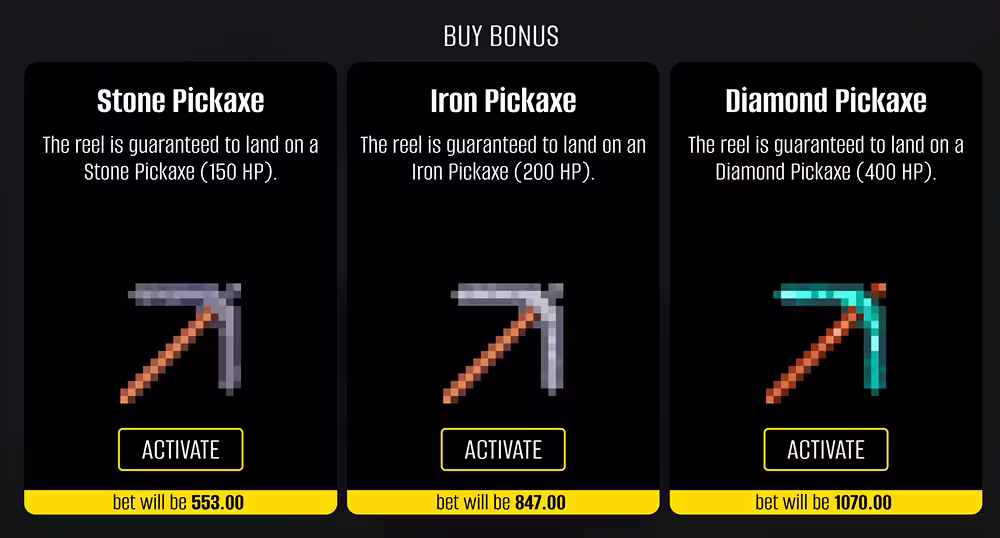 A screenshot of the Bonus Buy menu in Falling Pickaxe by Pixmove