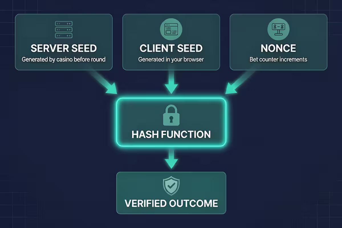 A provably fair technology infographic, showing server seed, client seed and nonce