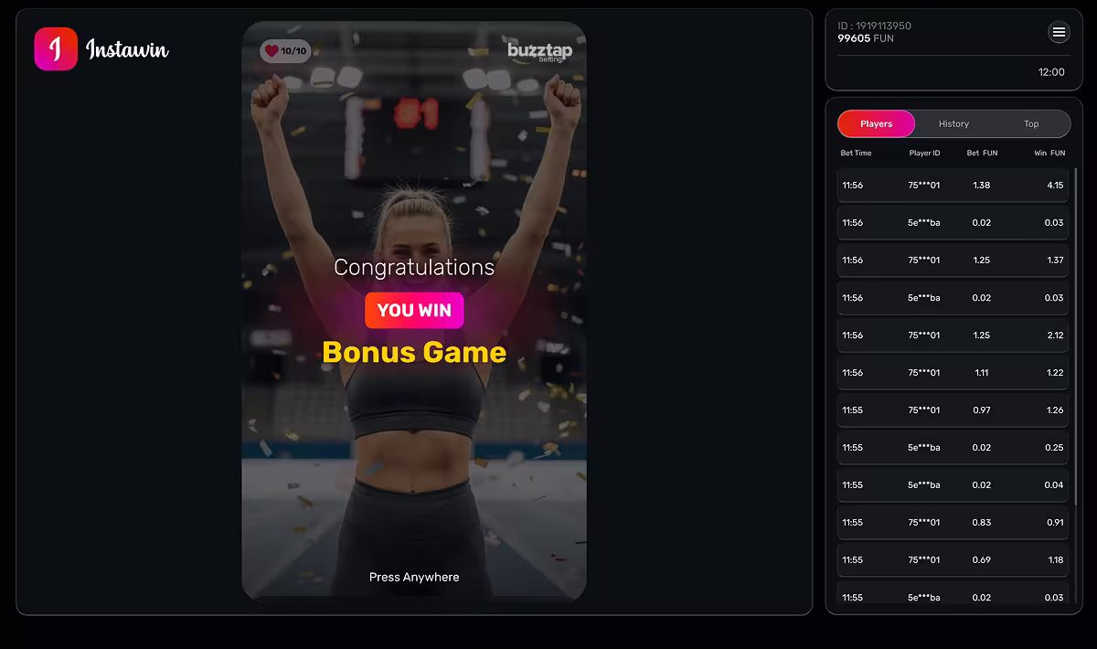 Instawin gameplay screenshot showing the bonus game