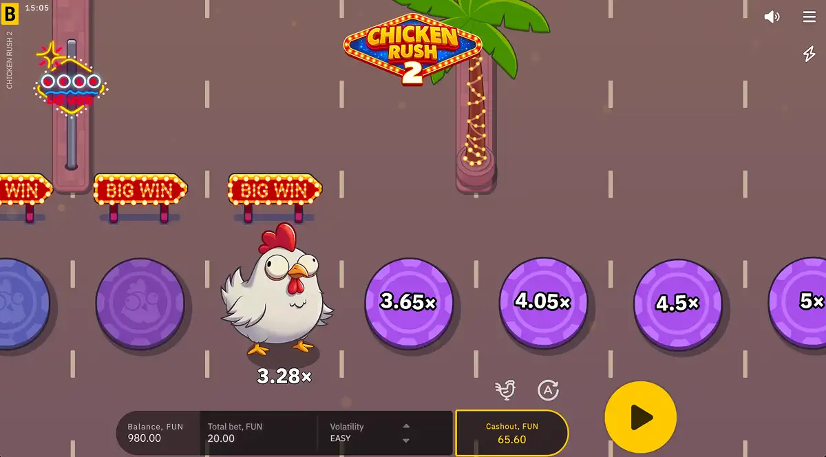 A mid-game round of Chicken Rush 2 on easy mode difficulty with a 65.60 pending cashout