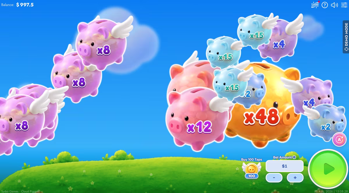 A gameplay screenshot of Cloud Piggies game with floating piggy banks with multiplier labels