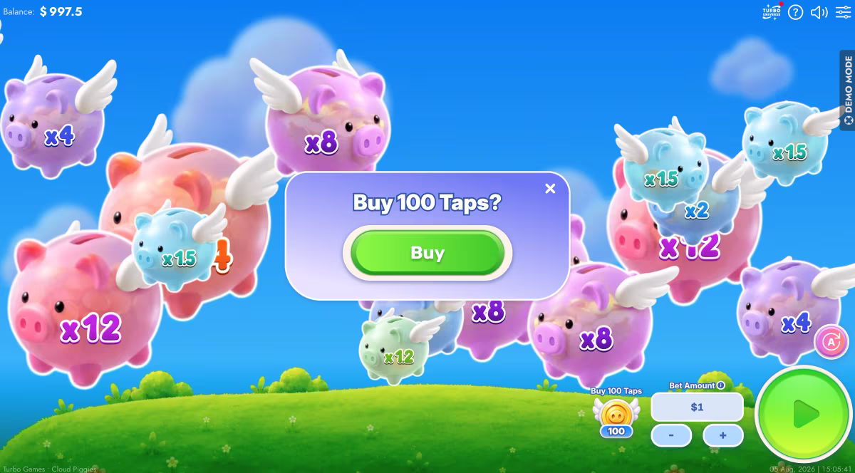 A Cloud Piggies gameplay screenshot showing the Buy 100 Taps feature menu