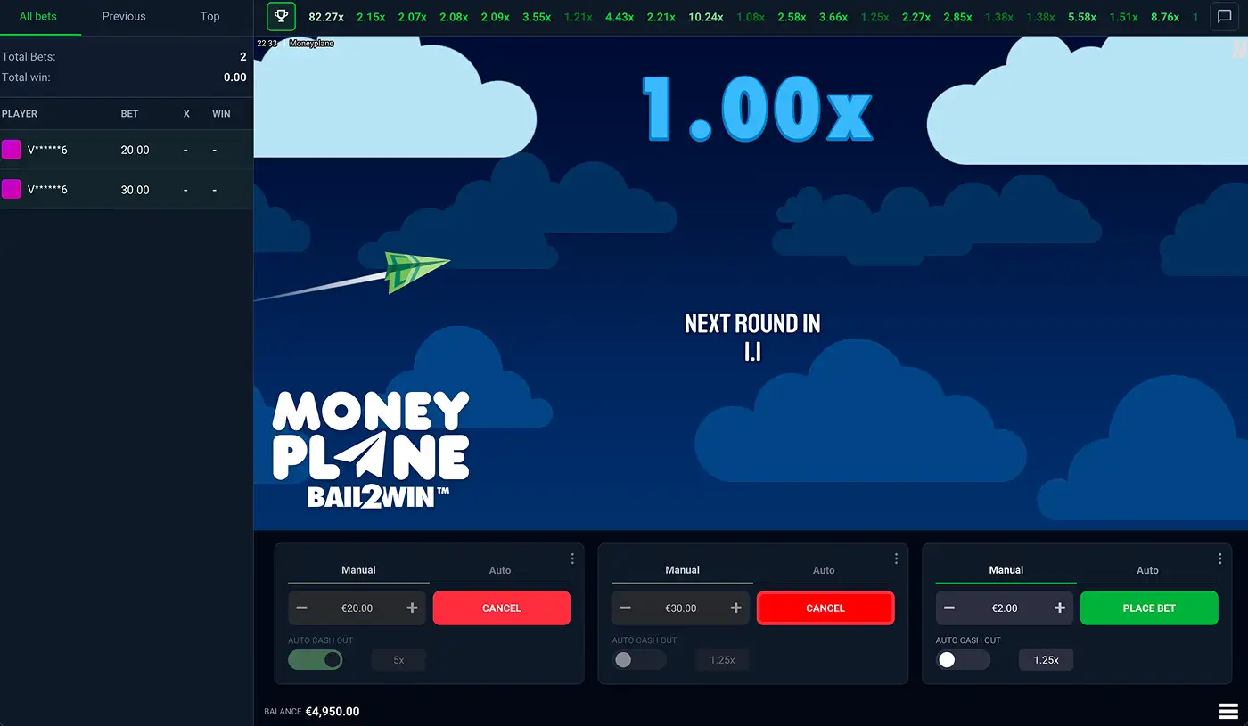 A Moneyplane Bail2Win gameplay screenshot showing the pre-round countdown with 2 bets pending
