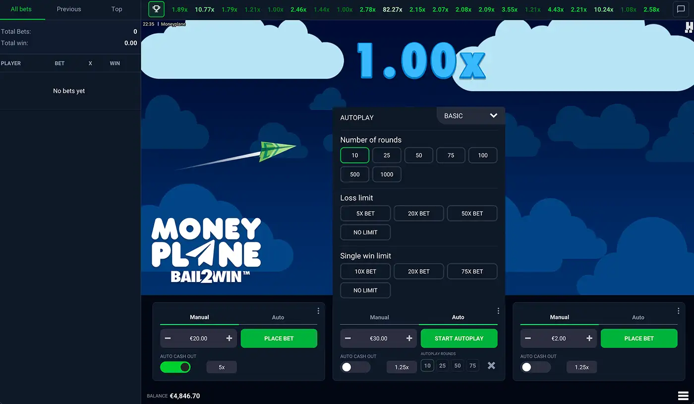 A Moneyplane Bail2Win gameplay screenshot showing the advanced autoplay menu options