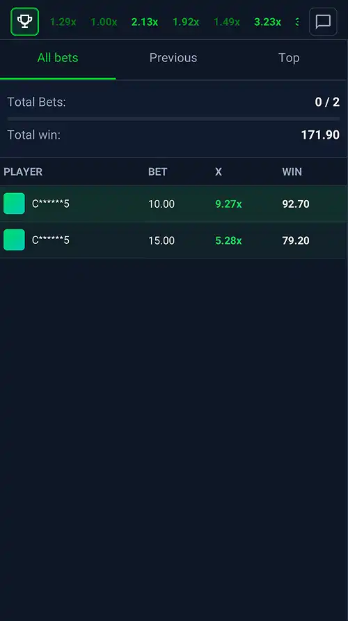 A Moneyplane Bail2Win screenshot on mobile showing the all bets panel