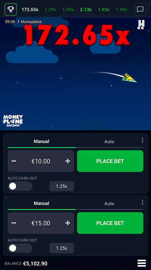 A Moneyplane Bail2Win screenshot on mobile showing a massive multiplier round