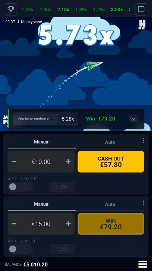 A Moneyplane Bail2Win screenshot on mobile showing a bet being cashed out