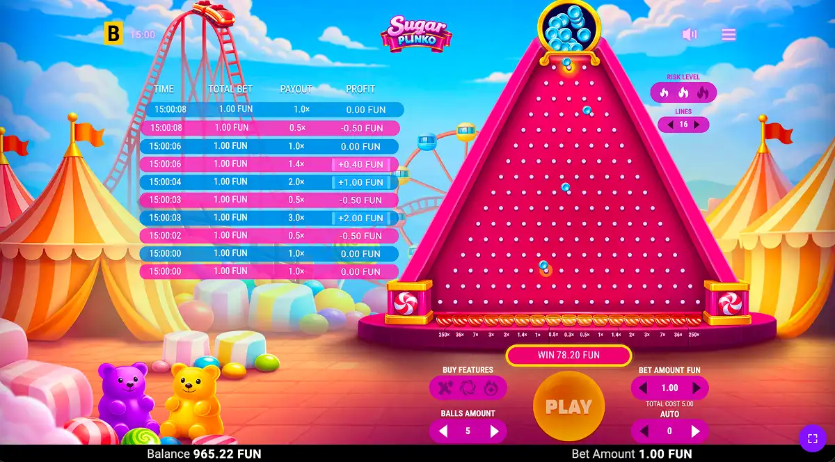 A Sugar Plinko gameplay screenshot mid round on medium risk mode