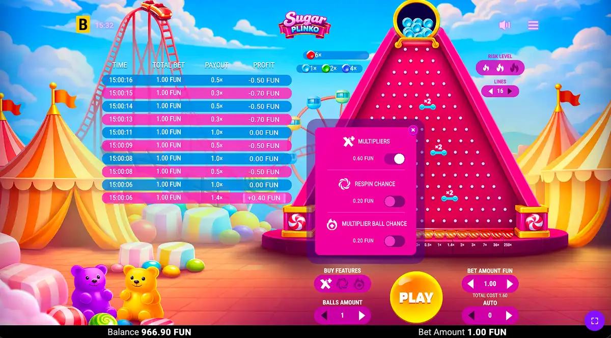 A Sugar Plinko gameplay screenshot showing the three feature buy options in the in-game menu