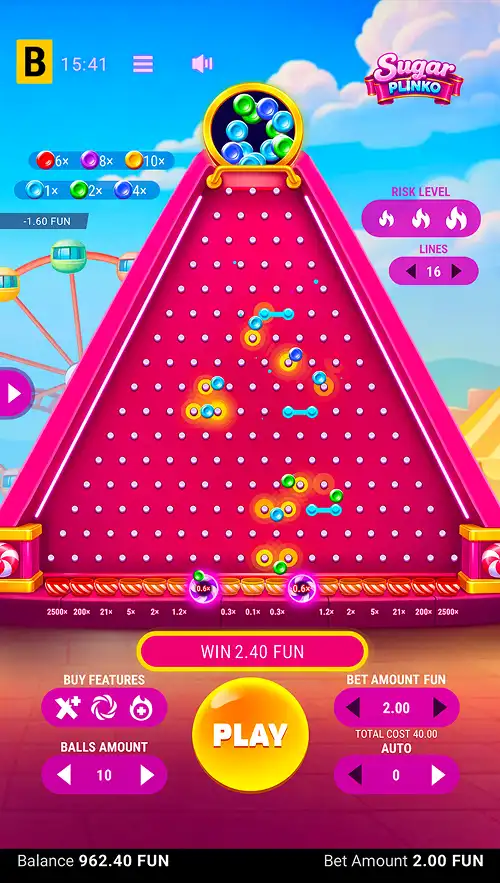 A gameplay screenshot of Sugar Plinko with three feature modes active mid round