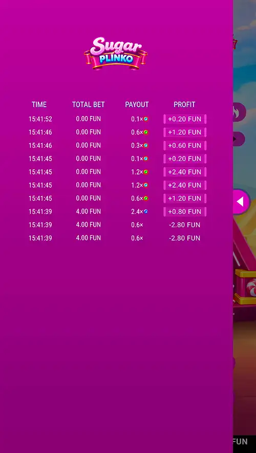 A Sugar Plinko gameplay screenshot showing the real time bet ticker panel
