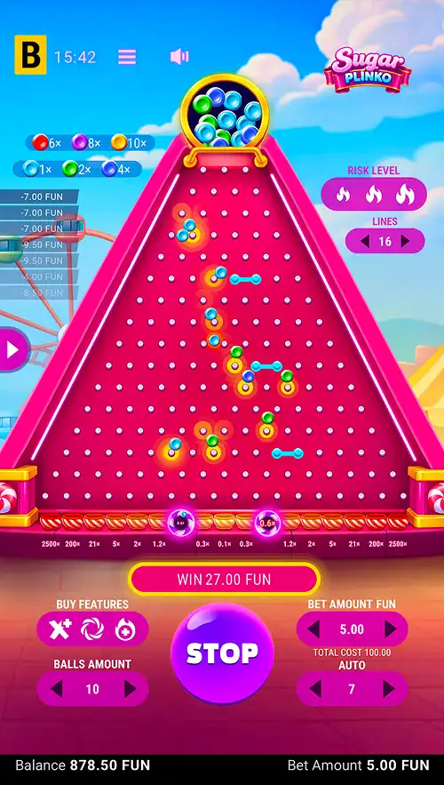 A Sugar Plinko gameplay screenshot on mobile with winning bets landing in the multiplier buckets