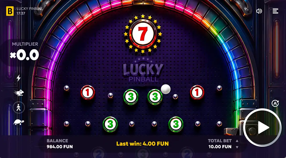 A gameplay screenshot of Lucky Pinball by BGaming launching a ball as a bet is made 