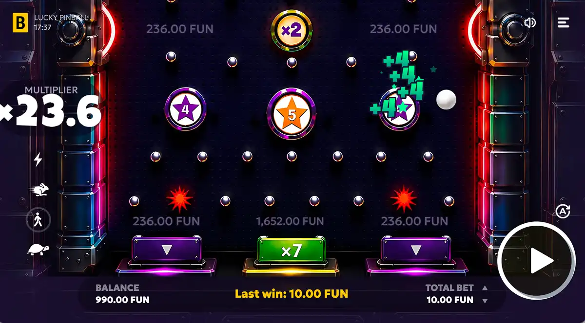 A gameplay screenshot of Lucky Pinball bouncing off standard bumpers to increase the score