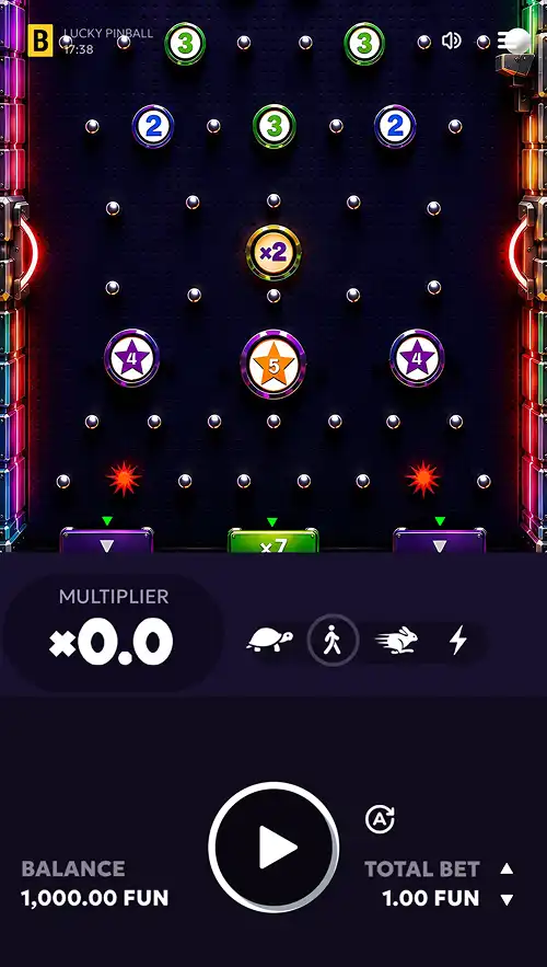 A gameplay screenshot on mobile of Lucky Pinball by BGaming waiting for a new bet