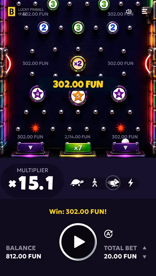 A gameplay screenshot on mobile of Lucky Pinball with a winning bet as the ball lands in the multiplier bucket