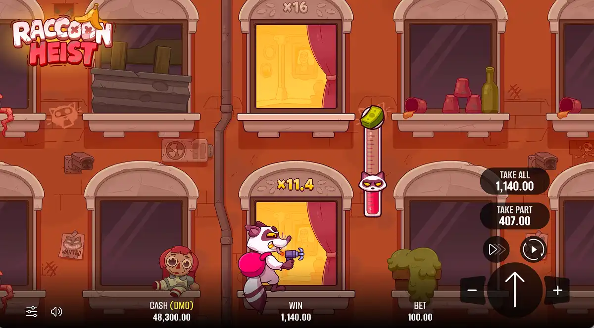A gameplay screenshot of Raccoon Heist with a pending cashout