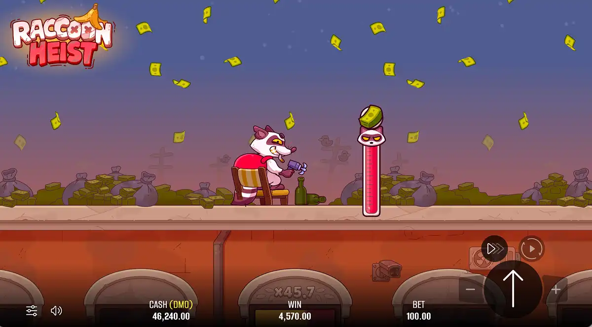 A gameplay screenshot of Raccoon Heist earning the max win by reaching the top of the building