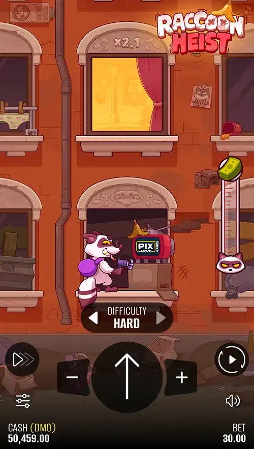 A gameplay screenshot of Raccoon Heist starting a new round on hard mode at the building bottom floor