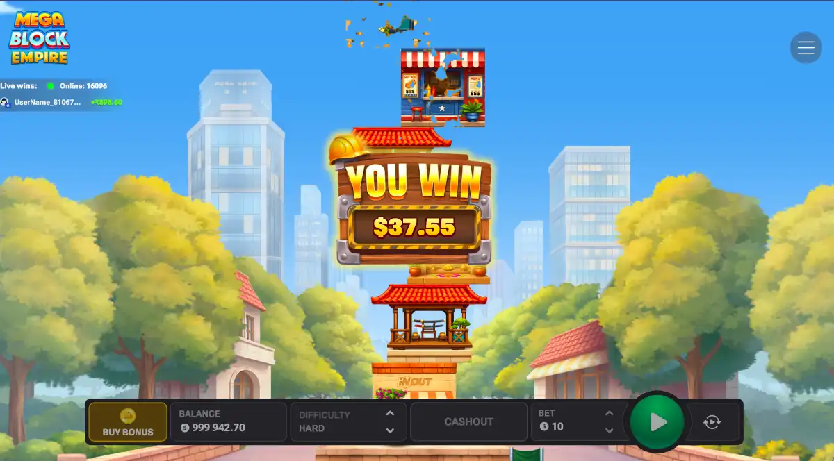 MegaBlock Empire gameplay screenshot showing a winning bet cashed out on hard difficulty mode